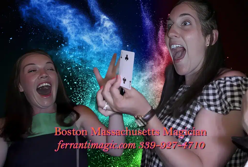 Closeup Magician Boston Massachusetts The Best in Magic Entertainment Boston Magician Joe Ferranti thrills young ladies with card magic