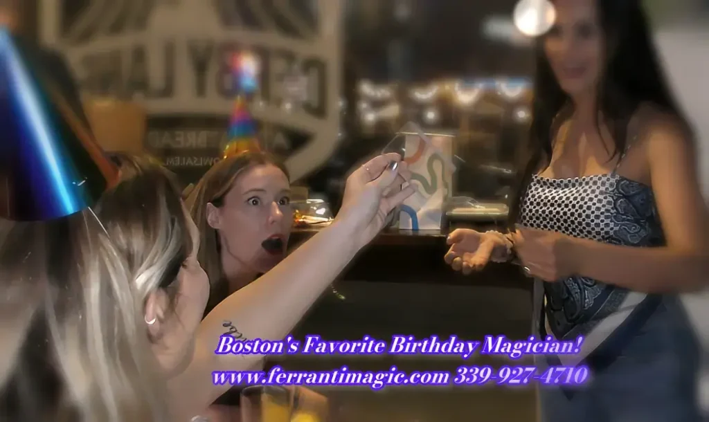 Boston Massachusetts Adult Birthday Magician Boston's Favorite Birthday Magician leaves a spectator in "Shock" as seen in the photo.