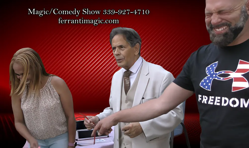 Boston Massachusetts Comedy Magician Joe Ferranti Massachusetts Close Up Magician seen performing his Magiccomedy show with two laughing spectators