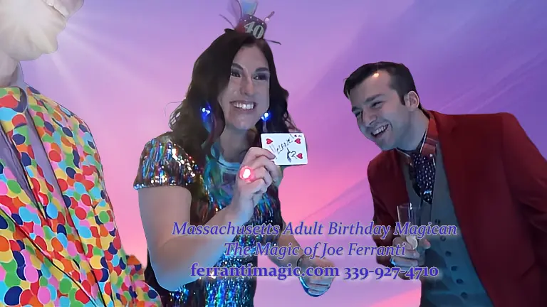 Boston Massachusetts Favorite Adult birthday Magician Photo of 40th Birthday party where the Birthday girl is showing off her Magical Birthday Card with a big smile Presented by Massachusetts Adult birthday Magician Joe Ferranti