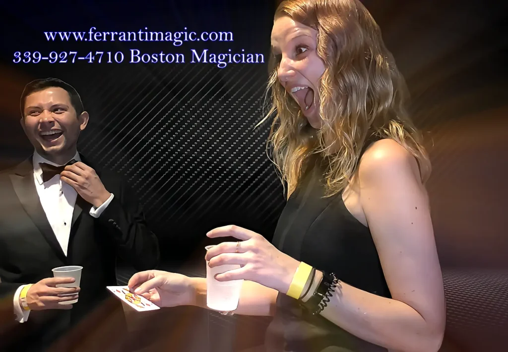 Boston Magician Joe Ferranti A photo of a young man and woman with expressions of awe from the magical stylings of Joe Ferranti Boston's best Magician.