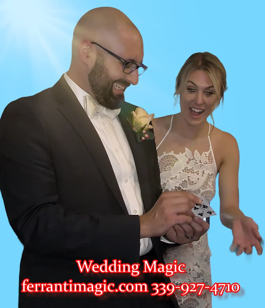 Boston Massachusetts Wedding Magician Boston Magician joe Ferranti performs at a wedding for a delighted Bride and Groom